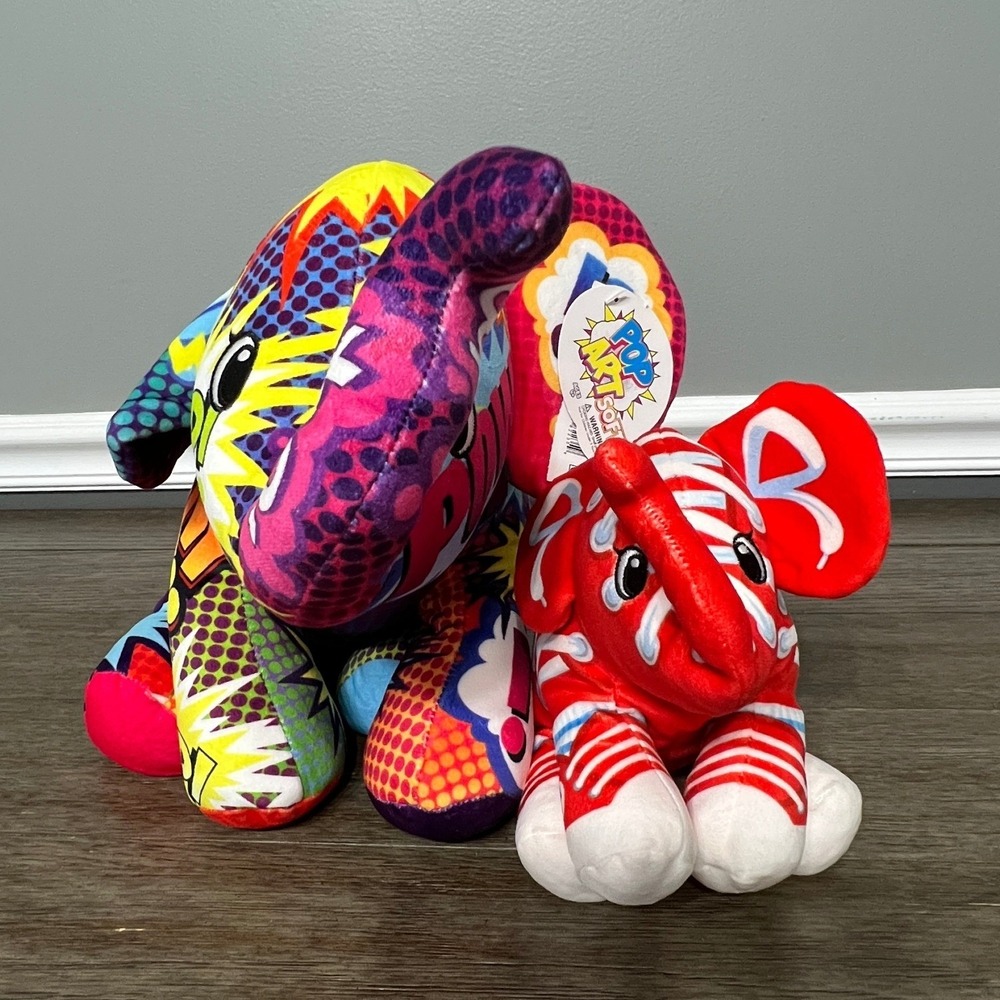 Pop Art Soft Comic Book POW & Sneaker Style Elephant Plush Stuffed Animal Set